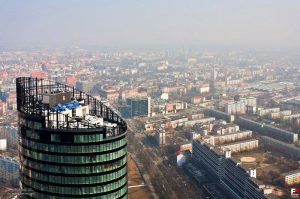 Quite the high-tech location these days: Helicopter view of Wroclaw's business skyscraper called SkyTower - image via fotopolska.eu